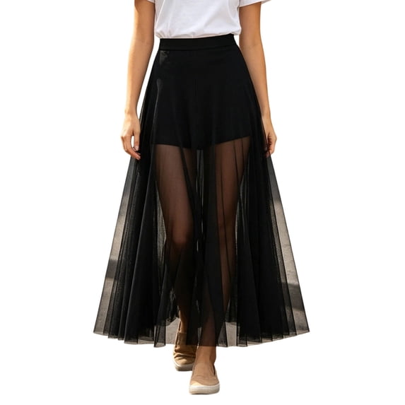 Unir Women Sheer Tulle Mesh Layered Flowy Maxi Skirt Wide Elastic Waist Built-In Anti-Chafing Short Liner Summer Casual Long Bottom 1PC S-XL Plus Size Friendly