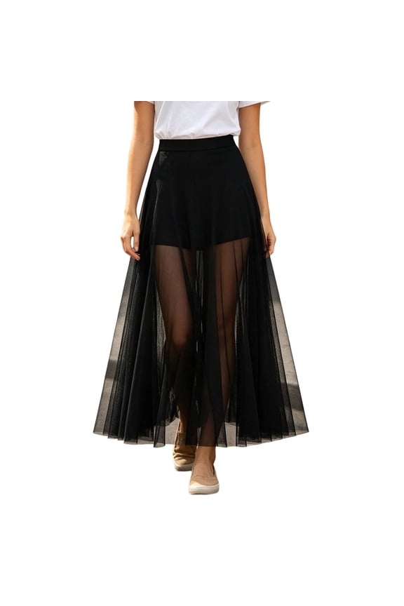 Women Sheer Tulle Mesh Layered Flowy Maxi Skirt Wide Elastic Waist Built-In Anti-Chafing Short Liner Summer Casual Long Bottom 1PC S-XL Plus Size Friendly