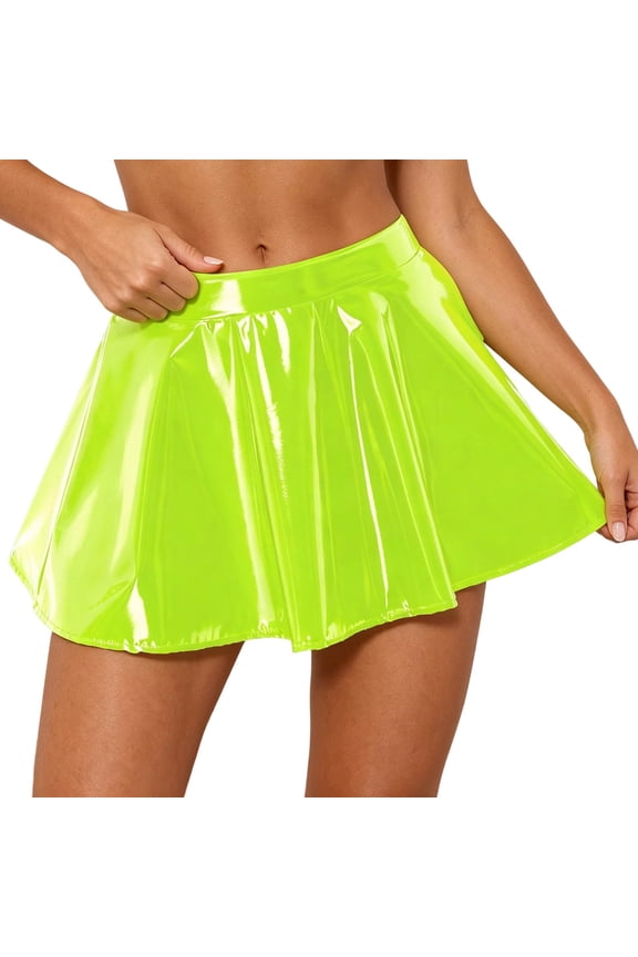 Women Shiny Glossy PU Full Pleated Mini Skirt High Waist Stretch No Inner Liner Club Rave Party Bottom 1PC S-XXXXL Plus Size Friendly