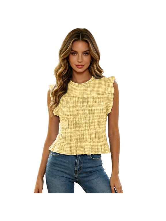 Women Smocked Gingham Peplum Sleeveless Blouse, Ruffle Shoulder Grid Print Crop Top, Lightweight Summer Casual Shirt, 1 Piece, XS-L, True To Size