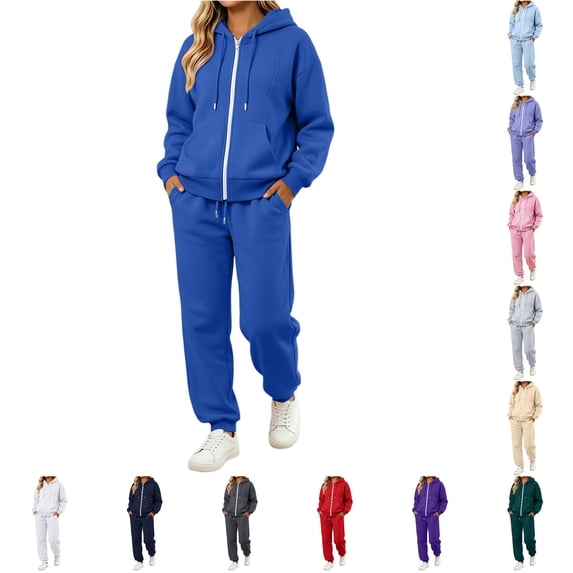 Unir Women Soft Zip Hoodie Tracksuit, Resistant Easy Care Two Piece Loungewear Set Multiple Solid Shades S-XXXL Anti-Pilling Casual Suit