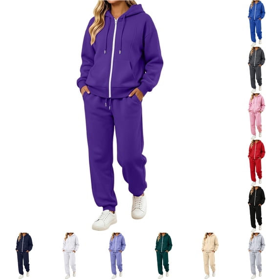 Unir Women Soft Zip Hoodie Tracksuit, Resistant Easy Care Two Piece Loungewear Set Multiple Solid Shades S-XXXL Anti-Pilling Casual Suit