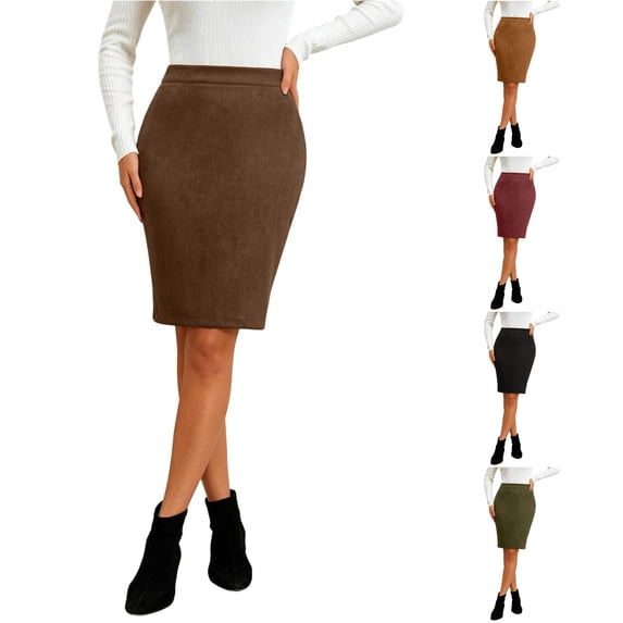 Unir Women Soft Suede Back Zip Pencil Midi Skirt High Waist Fitted Bodycon Fall Winter Casual Bottom 1PC S-M-L-XL Plus Size Friendly
