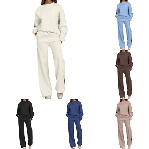 Unir Women Solid Loungewear 2 Piece Set, Crew Neck Loose Sweatshirt & Elastic Drawstring Wide Leg Pants Relaxed Home Wear True To Size