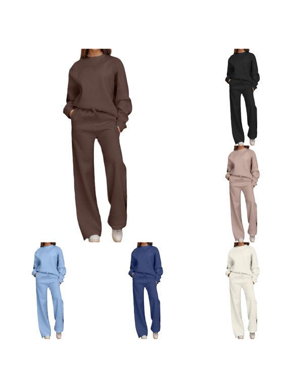 Women Solid Loungewear 2 Piece Set, Crew Neck Loose Sweatshirt & Elastic Drawstring Wide Leg Pants Relaxed Home Wear True To Size