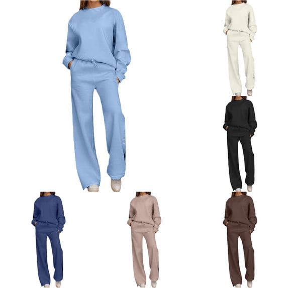 Unir Women Solid Loungewear 2 Piece Set, Crew Neck Loose Sweatshirt & Elastic Drawstring Wide Leg Pants Relaxed Home Wear True To Size