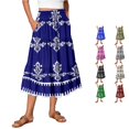 thumbnail image 1 of Unir Women Symmetrical Ethnic Floral Print Multi-Tiered Flow Four Way Stretch Midi Skirt Drawstring Ruffle Waist Casual Side Pocket Long Bottom 1PC S-XXL Plus Size Friendly, 1 of 5
