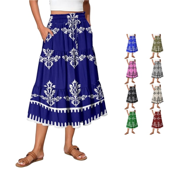 Unir Women Symmetrical Ethnic Floral Print Multi-Tiered Flow Four Way Stretch Midi Skirt Drawstring Ruffle Waist Casual Side Pocket Long Bottom 1PC S-XXL Plus Size Friendly