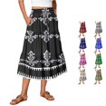 thumbnail image 1 of Unir Women Symmetrical Ethnic Floral Print Multi-Tiered Flow Four Way Stretch Midi Skirt Drawstring Ruffle Waist Casual Side Pocket Long Bottom 1PC S-XXL Plus Size Friendly, 1 of 5