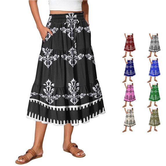 Unir Women Symmetrical Ethnic Floral Print Multi-Tiered Flow Four Way Stretch Midi Skirt Drawstring Ruffle Waist Casual Side Pocket Long Bottom 1PC S-XXL Plus Size Friendly