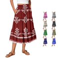 thumbnail image 1 of Unir Women Symmetrical Ethnic Floral Print Multi-Tiered Flow Four Way Stretch Midi Skirt Drawstring Ruffle Waist Casual Side Pocket Long Bottom 1PC S-XXL Plus Size Friendly, 1 of 5