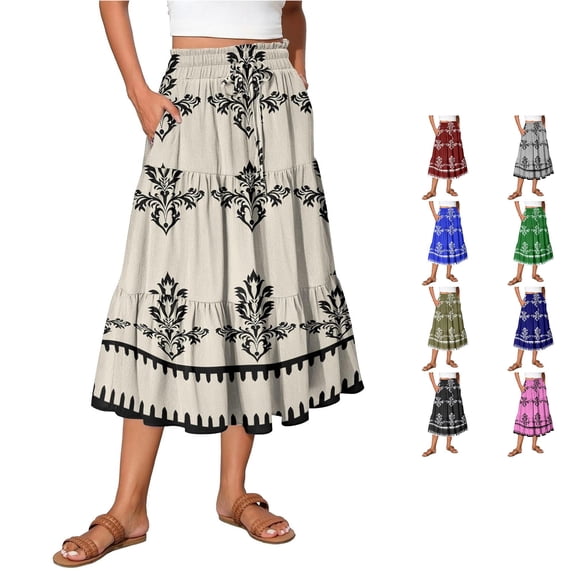 Unir Women Symmetrical Ethnic Floral Print Multi-Tiered Flow Four Way Stretch Midi Skirt Drawstring Ruffle Waist Casual Side Pocket Long Bottom 1PC S-XXL Plus Size Friendly