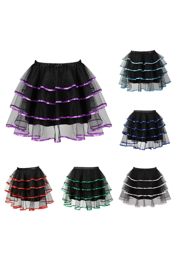 Women Three-Tier Cascading Ruffle Fluffy Tulle Tutu Mini Skirt Wide Stretch Elastic Waist Contrast Color Ribbon Trim Cosplay Halloween Party Casual Short Bottom 1PC S-6XL Plus Size Friendly