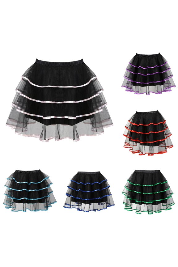 Women Three-Tier Cascading Ruffle Fluffy Tulle Tutu Mini Skirt Wide Stretch Elastic Waist Contrast Color Ribbon Trim Cosplay Halloween Party Casual Short Bottom 1PC S-6XL Plus Size Friendly