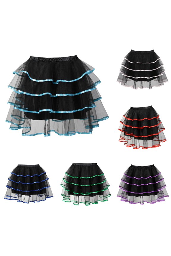 Women Three-Tier Cascading Ruffle Fluffy Tulle Tutu Mini Skirt Wide Stretch Elastic Waist Contrast Color Ribbon Trim Cosplay Halloween Party Casual Short Bottom 1PC S-6XL Plus Size Friendly