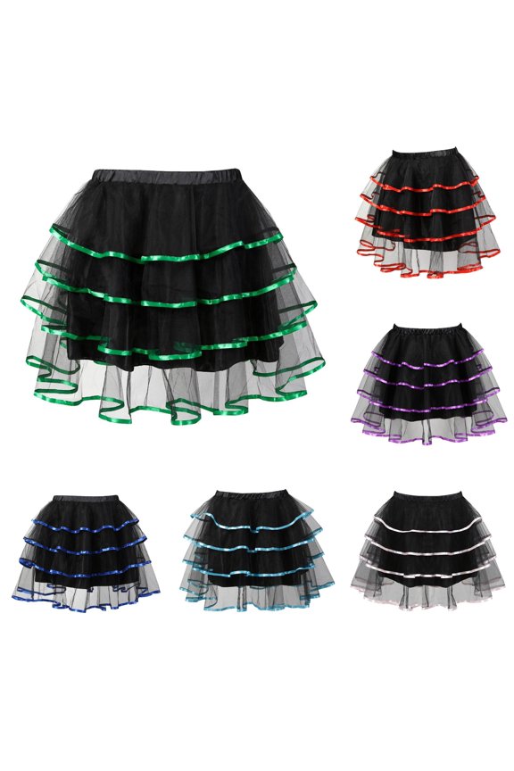 Women Three-Tier Cascading Ruffle Fluffy Tulle Tutu Mini Skirt Wide Stretch Elastic Waist Contrast Color Ribbon Trim Cosplay Halloween Party Casual Short Bottom 1PC S-6XL Plus Size Friendly