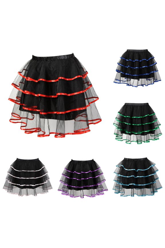 Women Three-Tier Cascading Ruffle Fluffy Tulle Tutu Mini Skirt Wide Stretch Elastic Waist Contrast Color Ribbon Trim Cosplay Halloween Party Casual Short Bottom 1PC S-6XL Plus Size Friendly