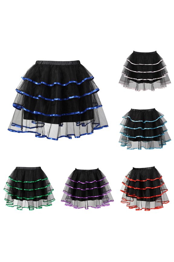 Women Three-Tier Cascading Ruffle Fluffy Tulle Tutu Mini Skirt Wide Stretch Elastic Waist Contrast Color Ribbon Trim Cosplay Halloween Party Casual Short Bottom 1PC S-6XL Plus Size Friendly