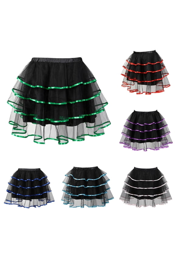 Women Three-Tier Cascading Ruffle Fluffy Tulle Tutu Mini Skirt Wide Stretch Elastic Waist Contrast Color Ribbon Trim Cosplay Halloween Party Casual Short Bottom 1PC S-6XL Plus Size Friendly