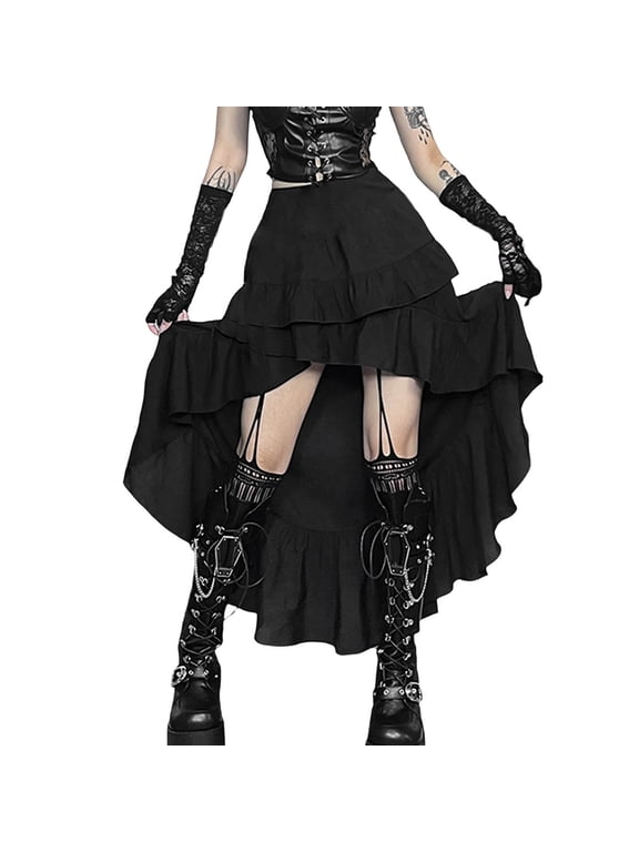Women Tiered Ruffle High Low Irregular Long Skirt Elastic Waist Mesh Lined Pirate Vintage Retro Bottom 1PC S-M-L Plus Size Friendly