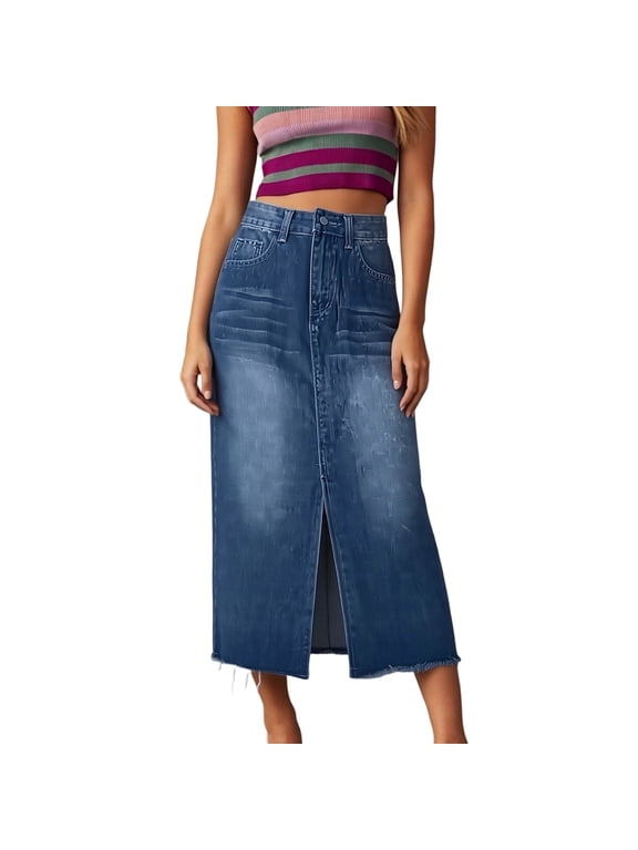 Women Vintage Faded Front Long Split Raw Frayed Hem Straight Denim Midi Skirt Button Fly High Waist Casual Street Jean Bottom 1PC S-XXL Plus Size Friendly