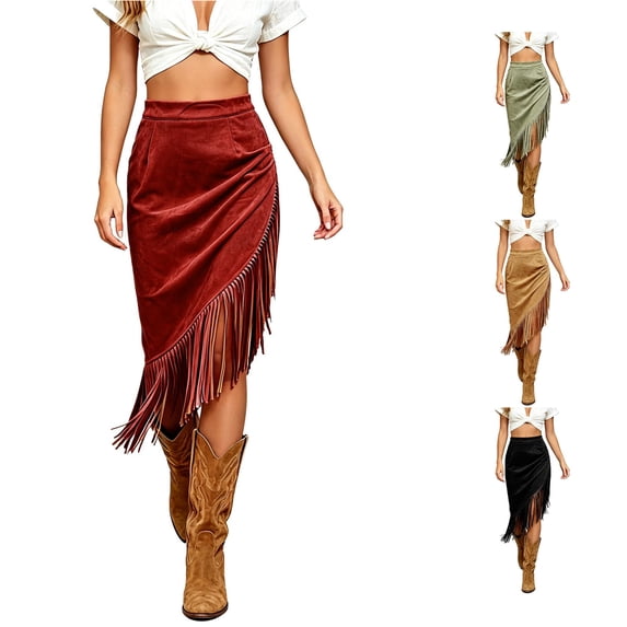 Unir Women Western Long Fringe Wrap Midi Skirt High Waist Soft Suede Irregular Asymmetrical Country Casual Bottom 1PC S-M-L-XL-XXL Plus Size Friendly