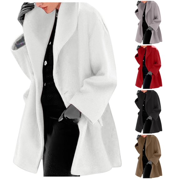 Unir Women Wide Lapel Open Front Wool Blend Mid Length Coat Reinforced Stitching Long Sleeve Loose Warm Winter Casual Outer Coat With Pockets 1pc S-XXL True To Size