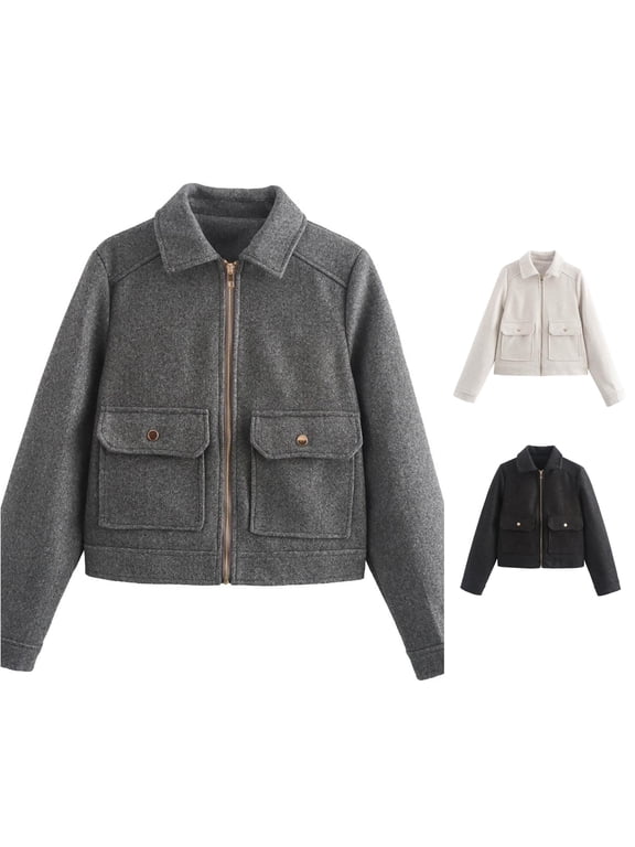 Women Zip Up Cropped Wool Blend Jacket Reinforced Stitching Turn Down Collar Flap Pocket Outer Coat 1pc S-L True To Size
