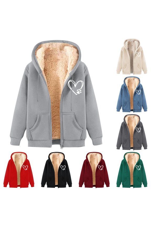 Women Zip Up Heart Paw Print Sherpa Lined Hooded Jacket Reinforced Stitching Wrinkle Resistant Thick Fleece Outer Coat 1pc M-XXXL True To Size