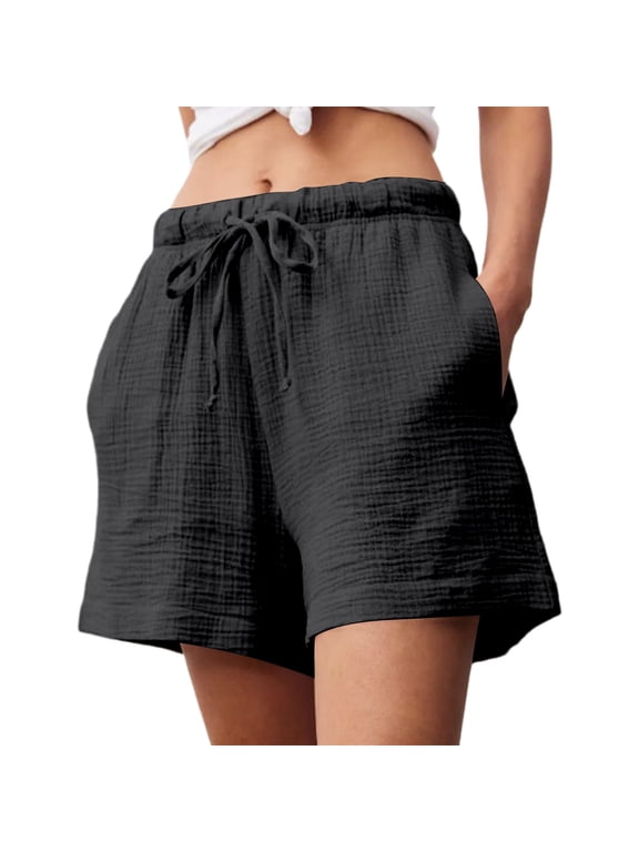 Women’s Beach Gauze Drawstring Shorts, Vacation Elastic Waist Shorts with Side Pockets, Light Blue/Black/White/Green, XS,S,M,L,XL,XXL