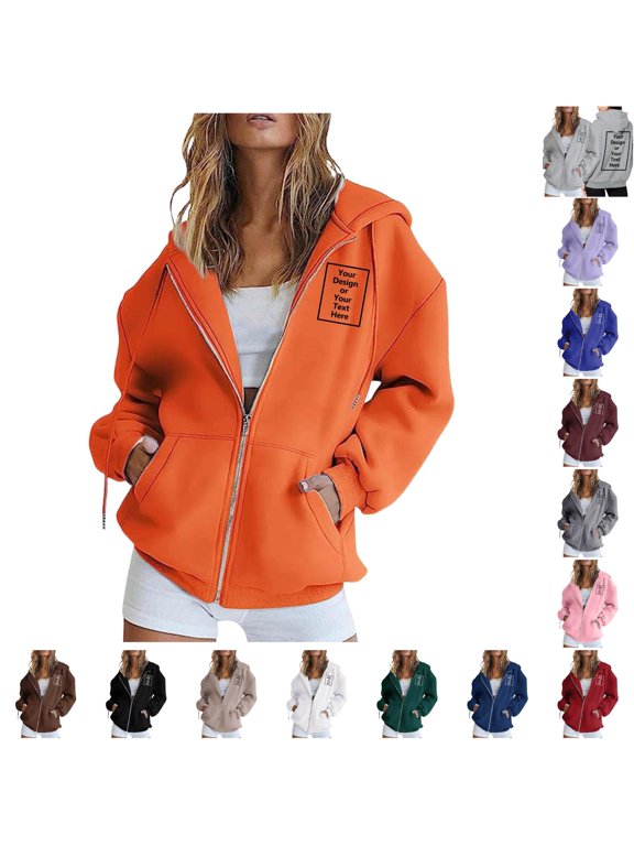Women's Blank Custom Zip Hoodie Oversized Dual Pocket Long Sleeve Plain Casual Sweatshirt Jacket Top 1PC S-XXXL Plus Size Friendly