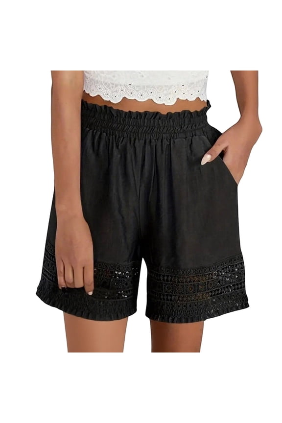 Women’s Boho Lace Trim Shorts, Elastic Waist Vacation Shorts with Side Pockets, Multi-Color, S/M/L/XL/XXL