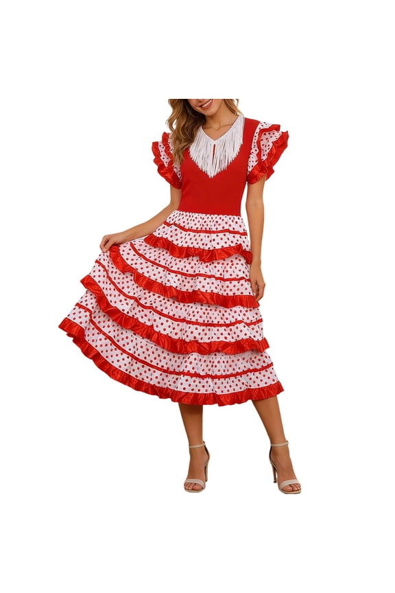 Women's Carnival Dance Dress, Fringe Trim Polka Dot Ruffle Flamenco for Performance & Party, 1PC, S-XXXL