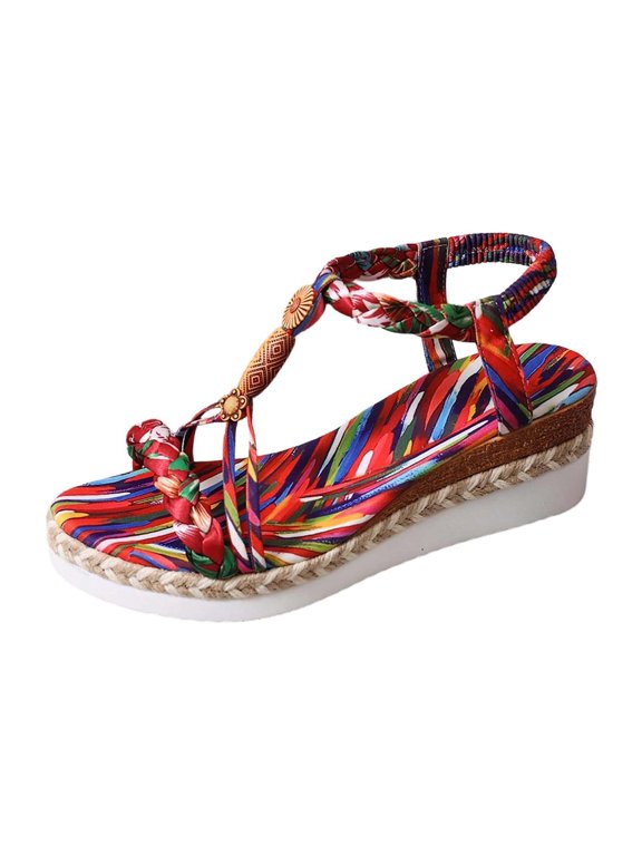 Women's Casual Cloth Bohemian Wedge Sandals, Purple Braided Strap Espadrille Summer Platform Shoes for Vacation & Street Style, 1Pair, 36-43