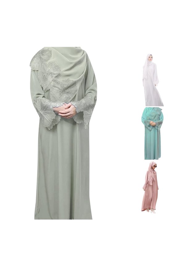 Women’s Casual Lace‑Trim Long‑Sleeve Full‑Length Abaya and Matching Hijab 2‑Piece Muslim Set For Ramadan‑Prayer And Everyday Dubai‑Style Wear Size S‑XXL Plus Size Friendly