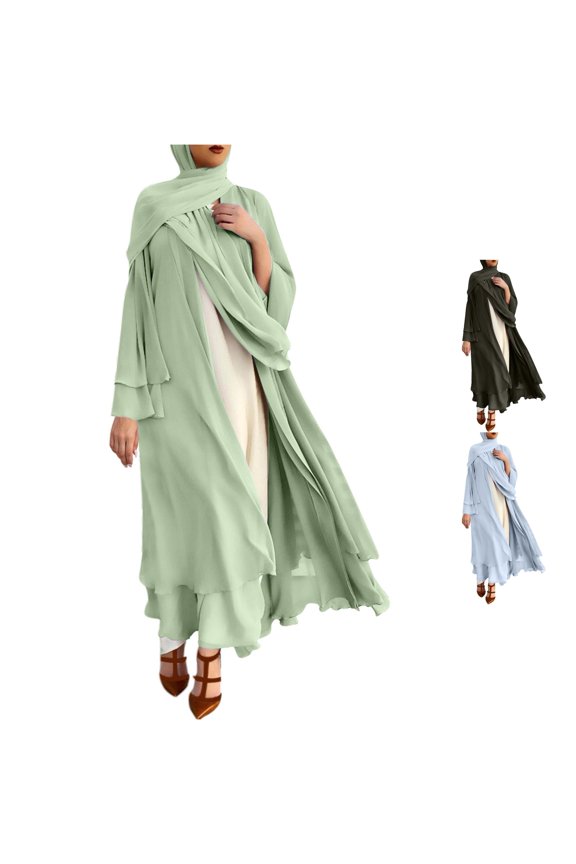 Womenās Casual RuffledāHem FlowyāChiffon OpenāFront FullāLength Muslim Abaya Cardigan For RamadanāPrayer And Everyday DubaiāStyle Wear Size SāXXL Plus Size Friendly