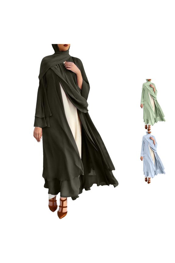Women’s Casual Ruffled‑Hem Flowy‑Chiffon Open‑Front Full‑Length Muslim Abaya Cardigan For Ramadan‑Prayer And Everyday Dubai‑Style Wear Size S‑XXL Plus Size Friendly