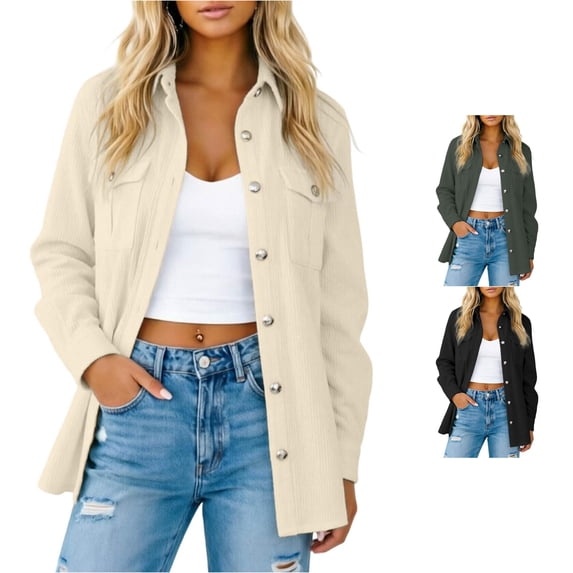 Unir Women’s Casual Solid Corduroy Collared Button Down Shacket Jacket, Long Sleeve Pocket Relaxed Fit Lightweight Outerwear For Fall Winter Daily Wear Size S-XXL Plus Size Friendly