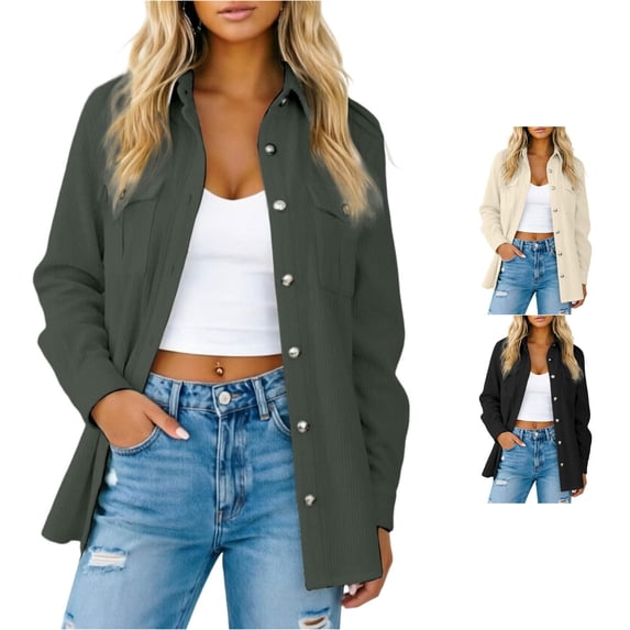 Unir Women’s Casual Solid Corduroy Collared Button Down Shacket Jacket, Long Sleeve Pocket Relaxed Fit Lightweight Outerwear For Fall Winter Daily Wear Size S-XXL Plus Size Friendly