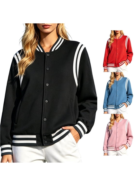Women’s Casual Solid Fleece Lined Striped Rib Varsity Jacket, Snap Button Long Sleeve Pocket Loose Fit Warm Autumn Winter Baseball Coat Size S-4XL Plus Size Friendly