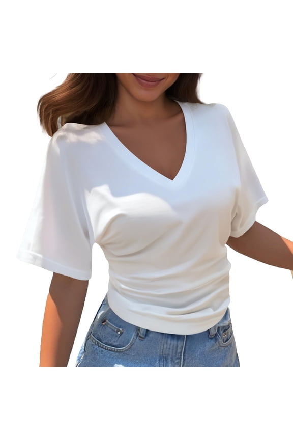 Women's Casual White V-Neck Crop Top, Korean Design Ruched Side Batwing Short Sleeve Summer Polyester Tee, 1PC, S-XXXXXL