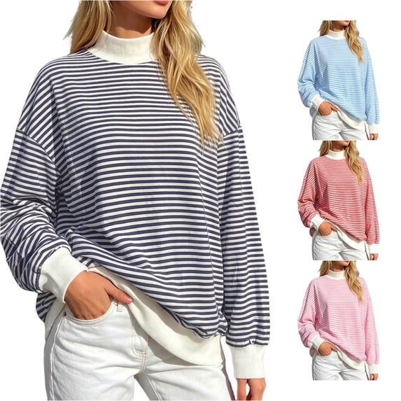 Unir Women's Color Block Neck Layering Sweatshirt Horizontal Stripe Oversized Rib Long Sleeve Casual Pullover Top 1PC S-XL Plus Size Friendly
