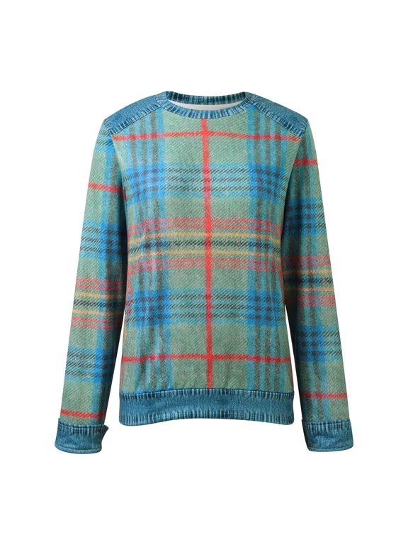 Women's Denim Splicing Colorful Plaid Crewneck Sweatshirt Oversized Vintage Tartan Fall Casual Layering Long Sleeve Pullover Top 1PC S-XXXXXL Plus Size Friendly