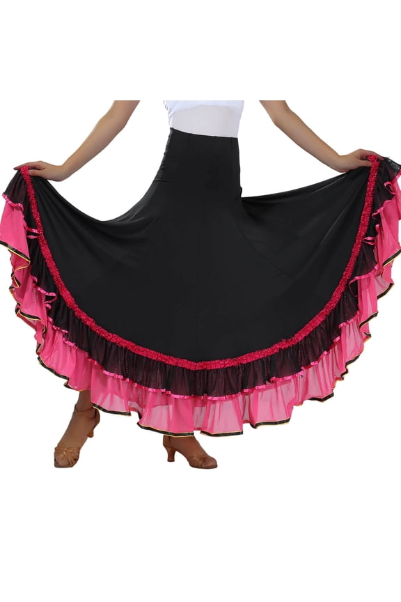 Women's Flamenco Dancing Skirt, Mesh Tiered Ruffle Maxi Skirt, 1PC, One Size