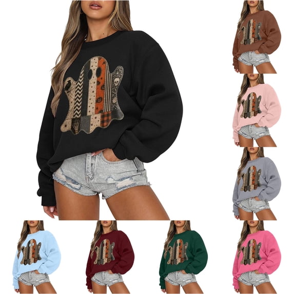 Unir Women's Halloween Patchwork Ghost Layering Pullover Crew Neck No Hood Sweatshirt Long Sleeve Casual Top 1PC S-XXL Plus Size Friendly