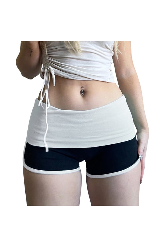 Women’s High Waist Color Block Booty Shorts, Tight Stretch Polyester Shorts for Streetwear & Night Out, White/Blue, S/M/L