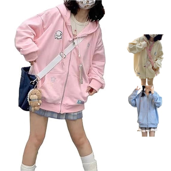 Unir Women's Kawaii Pastel Layering Zip Hoodie Scattered Cartoon Star Embroidery Oversized Drawstring Pocket Long Sleeve Casual Sweatshirt Jacket Top 1PC M-XXL Plus Size Friendly