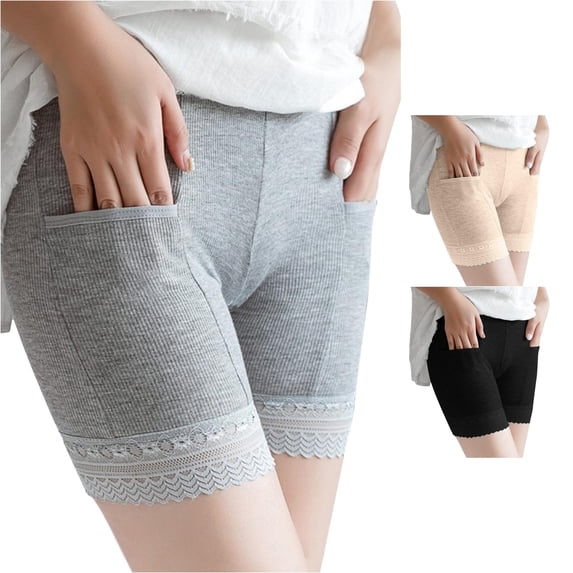 Unir Women's Lace Trim Safety Shorts With Pockets, Ribbed Cotton Anti-See-Through Under Dress Underwear, 1 Piece, S-M-L