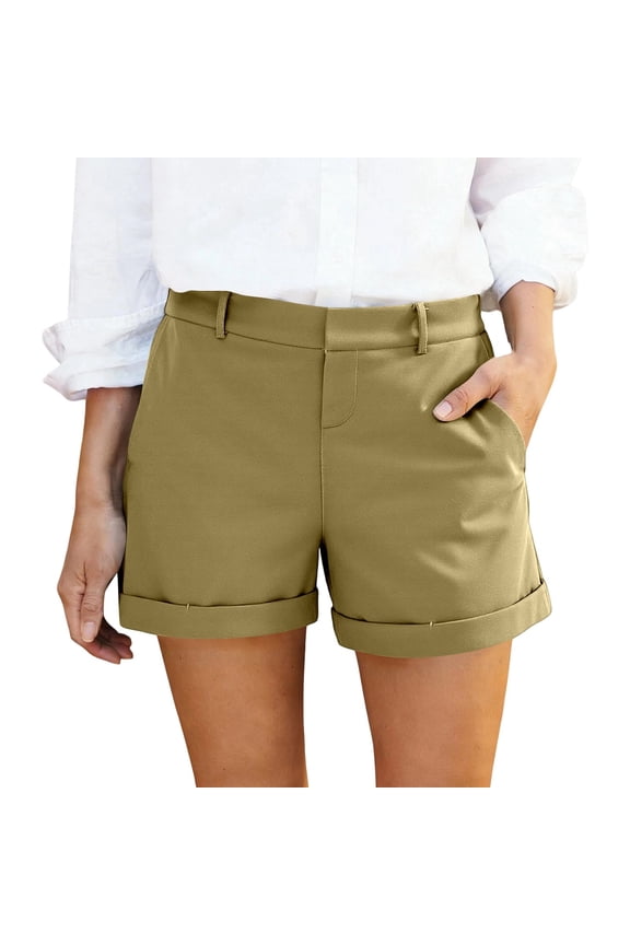 Women’s Linen Blend Rolled Hem Shorts, High Waist Straight Leg Casual Shorts for Office & Weekend, Navy/Black/Grey/White/Red/Yellow/Green/Khaki, S,M,L,XL,XXL