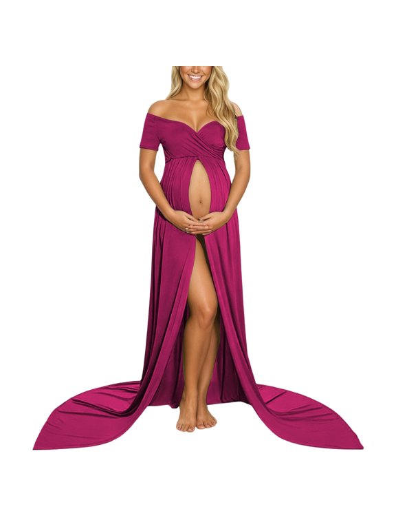 Women's Maternity 320g Stretch Spandex Dress, Off-the-Shoulder Front Slit Train Gown, Sexy Pregnancy Photoshoot & Formal Long Dress, 1pc, S/M/L/XL